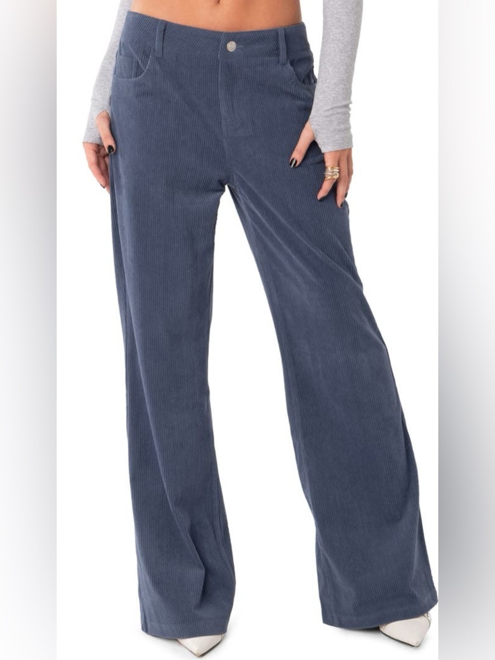 Edikted Dawn Slate Blue Wide-Leg Corduroy Pants Spring | Size Small